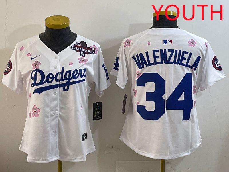 Youth Los Angeles Dodgers #34 Valenzuela White Sakura Edition 2025 Nike MLB Jersey style 3